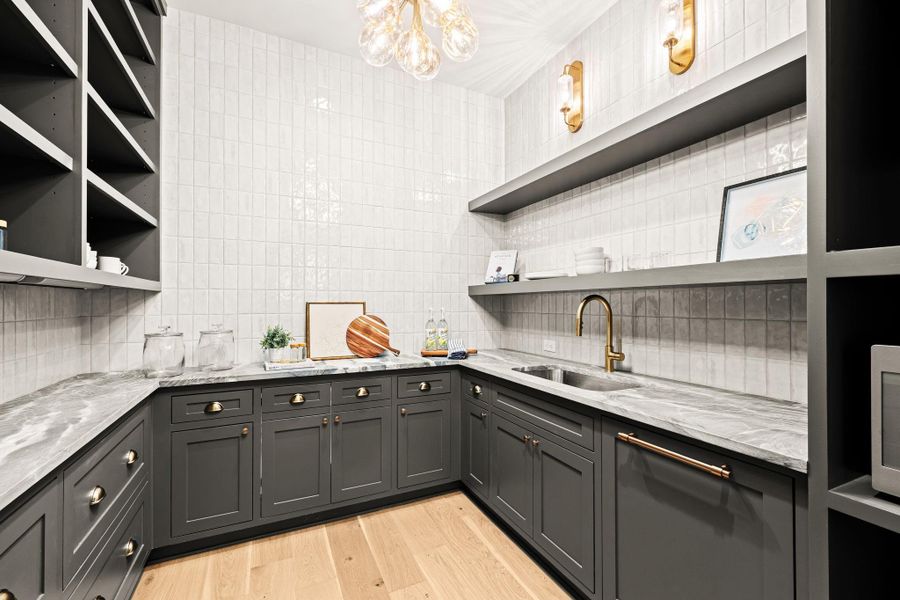 Pantry has a full size sink with disposal and Thermador dishwasher. Metal shelving to be added at back wall. Pantry has a full size sink with disposal and Thermador dishwasher. Metal shelving to be added at back wall.