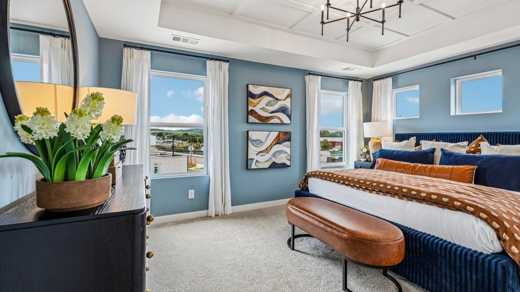 Primary suite with tray ceiling, windows, and carpet