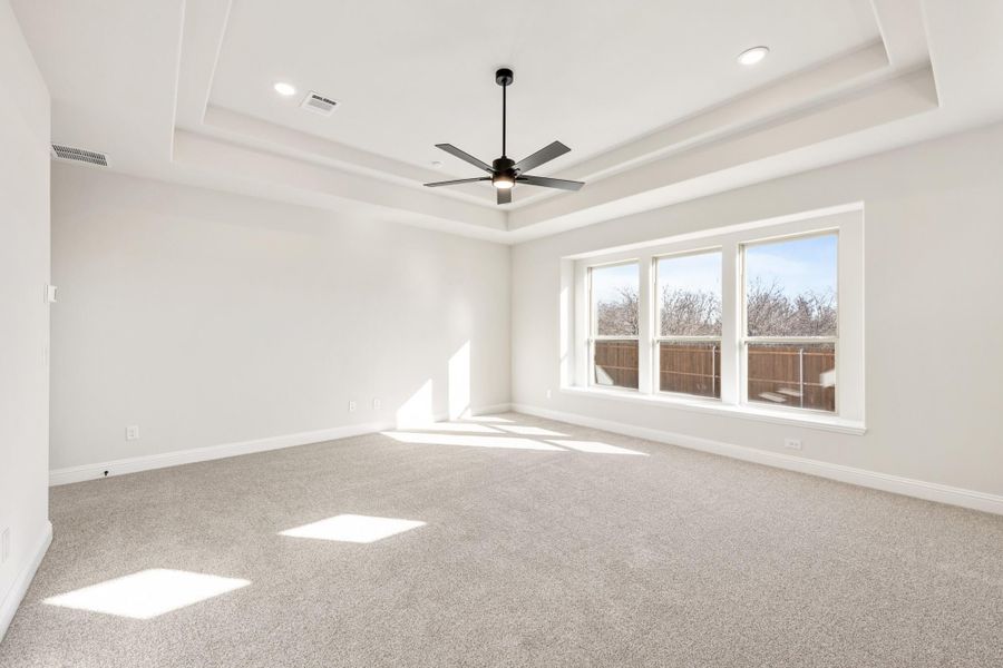 Empty bedroom with tray ceiling, ceiling fan, carpet flooring, and triple window