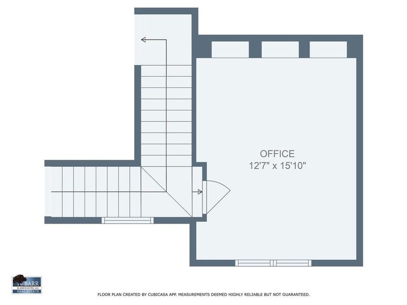 This floor plan features an office space measuring 12'7" x 15'10". It includes a staircase leading to the area, and the office has multiple windows along one side, providing natural light.