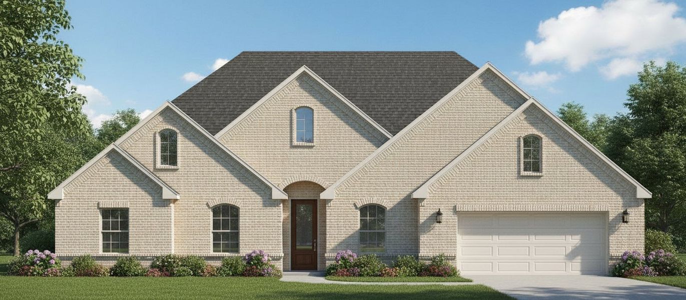 Representative exterior photo of a completed home built from the The Sage by Kenmark Homes in Coyote Crossing, Godley, TX (Image 1). Representative exterior photo of a completed home built from the The Sage by Kenmark Homes in Coyote Crossing, Godley, TX (Image 1).