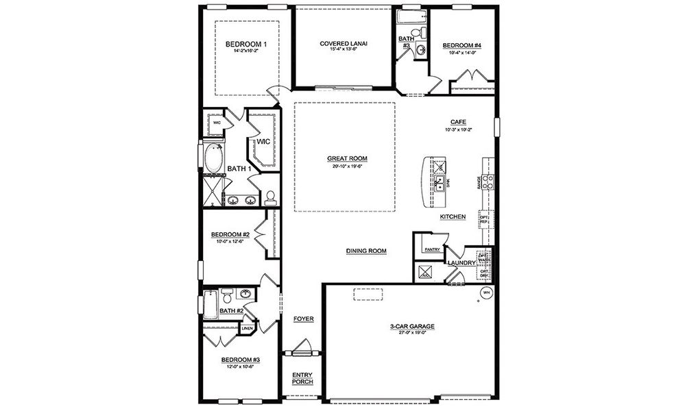 2D floor plan layout for the Destin by D.R. Horton in Deep Creek Tradition Series, Punta Gorda, FL (Image 3).