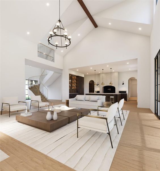 Stunning rendering of the expansive living room showcasing soaring ceilings, elegant lighting and dramatic spiral stair case that serves as a striking architectural piece.