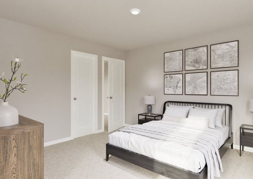 Minimalist bedroom with a double bed, white bedding, and striped throw, flanked by two nightstands with lamps. A dresser with a vase and floral branch is on the left. Wall features six framed maps, creating a calm, neutral tone. Minimalist bedroom with a double bed, white bedding, and striped throw, flanked by two nightstands with lamps. A dresser with a vase and floral branch is on the left. Wall features six framed maps, creating a calm, neutral tone.
