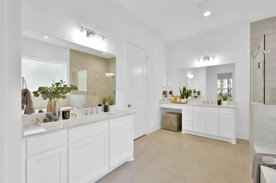 Custom linear tiles are upscale on floor and showers/tub surrounds. Custom linear tiles are upscale on floor and showers/tub surrounds.