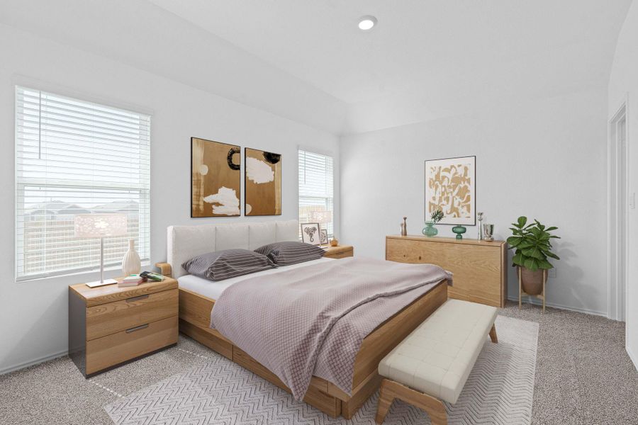 Carpeted bedroom with baseboards and recessed lighting