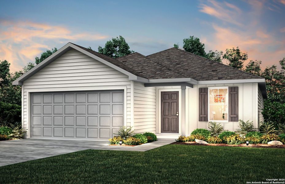 Front exterior of a new home in Vista Real, Converse, TX, highlighting curb appeal (Image 1).