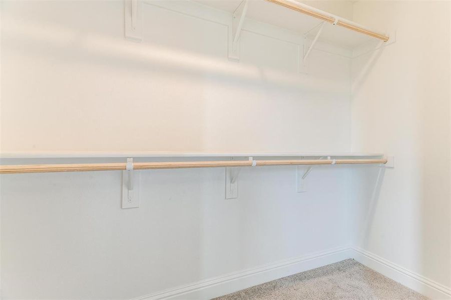 Walk in closet with light colored carpet
