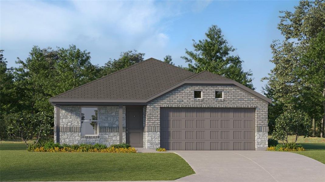 View of front of property with a garage and a front lawn