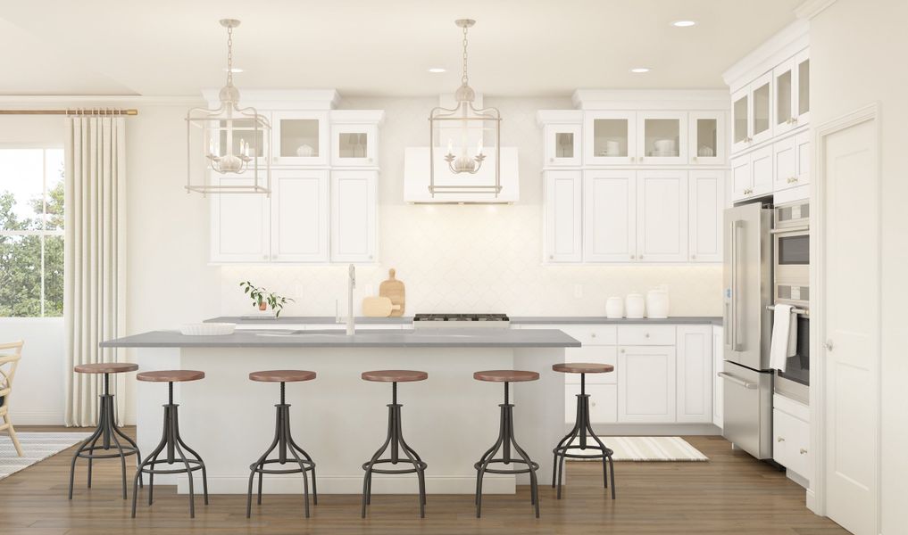 Kitchen with stacked glass-front upper cabinets