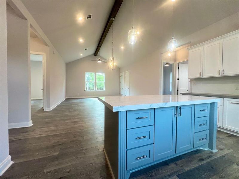 Kitchen island into living room.