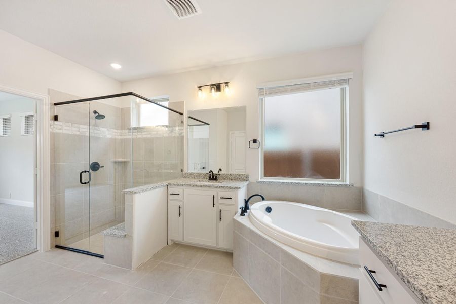 Master bathroom with glass walk-in shower, corner soaking tub, and white vanity with granite countertop Master bathroom with glass walk-in shower, corner soaking tub, and white vanity with granite countertop