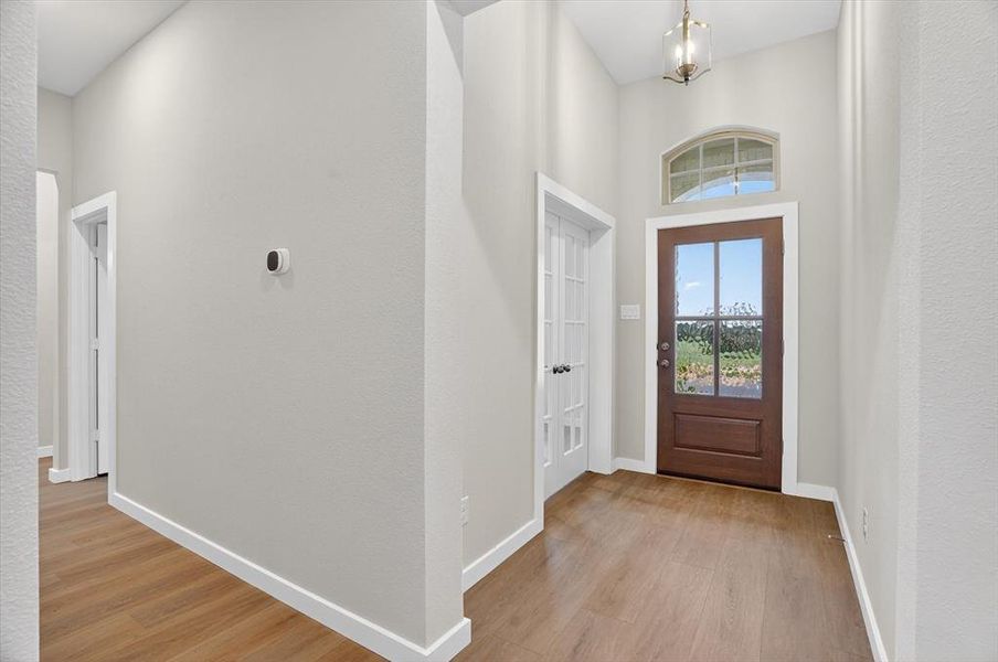 Entryway featuring a dark wood door with glass panes, an arched transom window, and wood-finish flooring