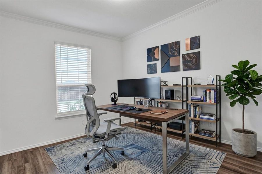 Dedicated room featuring wood-finish flooring, white walls, and a window with horizontal blinds