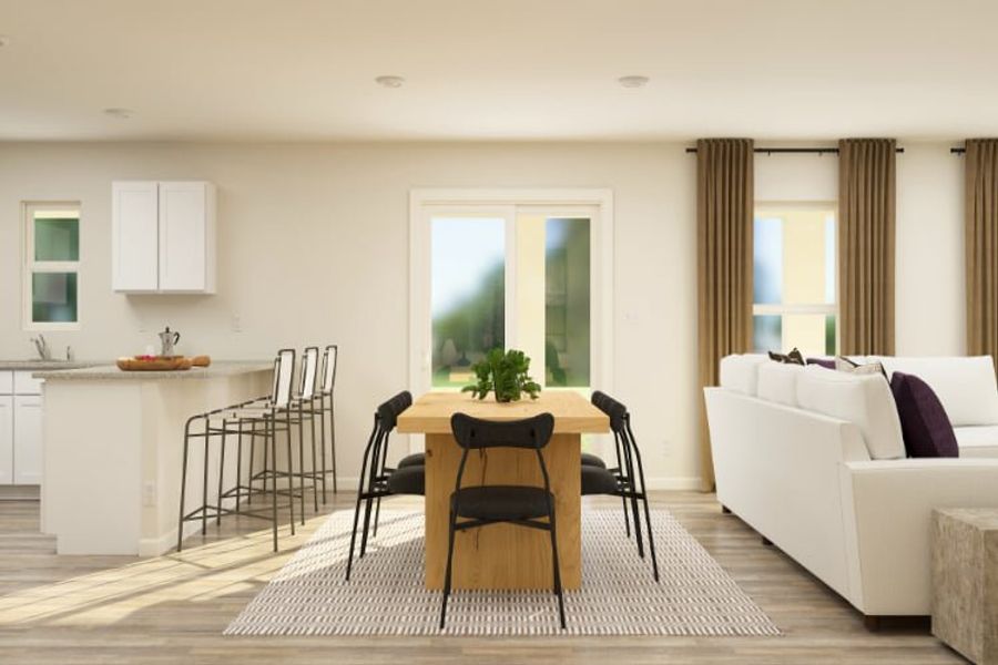 A living room with a dining table and chairs.