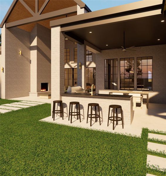 Where outdoor living meets everyday luxury, this space is anchored by a fully equipped kitchen and inviting bar seating. Just steps from the fireplace and open lawn, it’s a setting designed for connection, comfort, and lingering evenings.