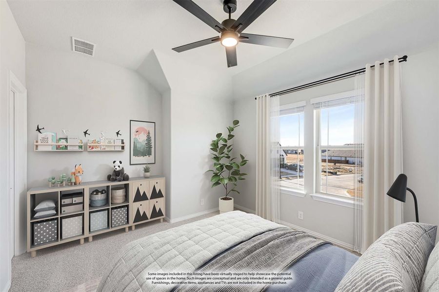 Child's bedroom with vaulted ceiling, ceiling fan, storage shelves, and large window with natural light Child's bedroom with vaulted ceiling, ceiling fan, storage shelves, and large window with natural light