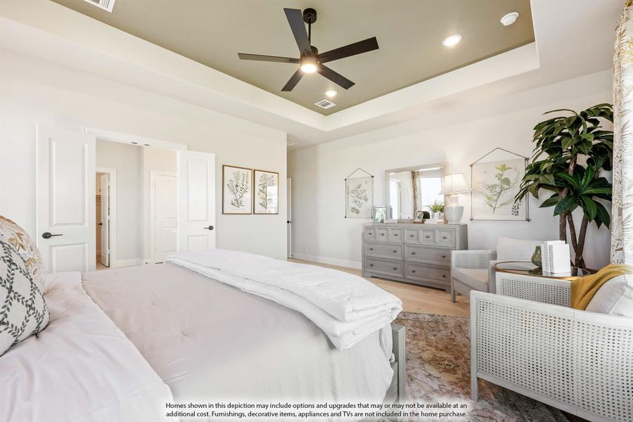 Master bedroom with tray ceiling, ceiling fan, hardwood floors, and gray dresser with mirror