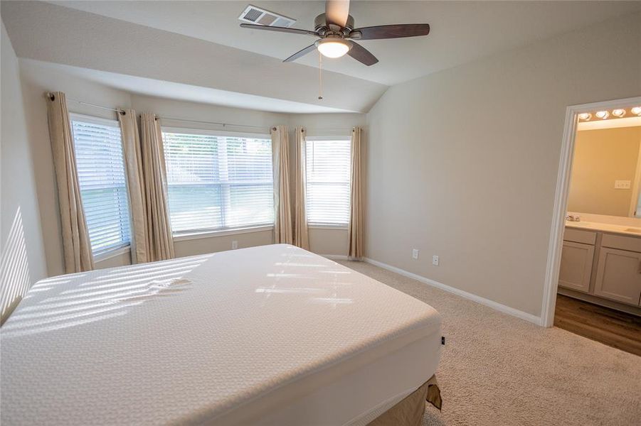 Primary bedroom featuring large windows, plush carpeting, and ample space for a king-size suite.