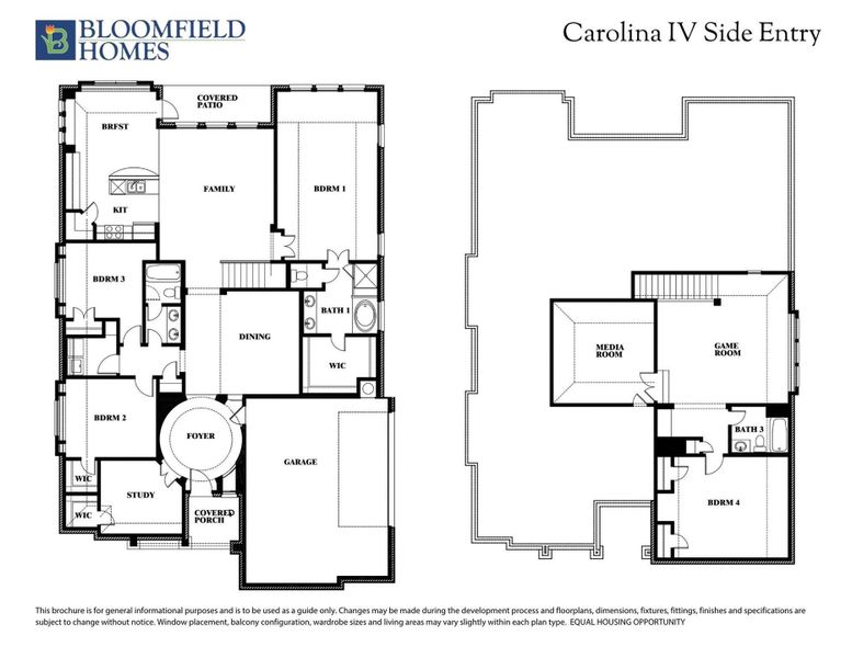 Bloomfield Homes Carolina IV Side Entry floor plan with 4 bedrooms, study, media room, game room, and garage. Bloomfield Homes Carolina IV Side Entry floor plan with 4 bedrooms, study, media room, game room, and garage.