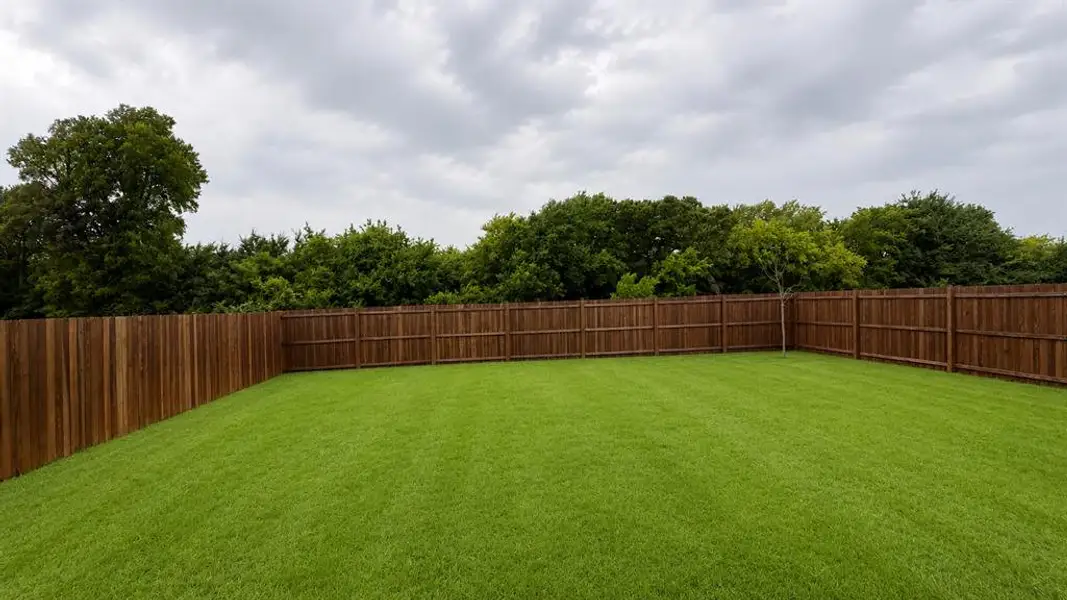 Generous green lawn surrounded by a privacy fence, backed by mature trees Generous green lawn surrounded by a privacy fence, backed by mature trees