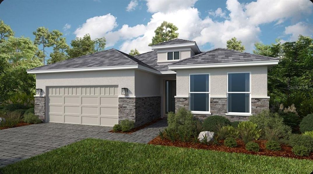Front exterior of a new home in Skye Ranch Community Group Page, Sarasota, FL, highlighting curb appeal (Image 1). Front exterior of a new home in Skye Ranch Community Group Page, Sarasota, FL, highlighting curb appeal (Image 1).