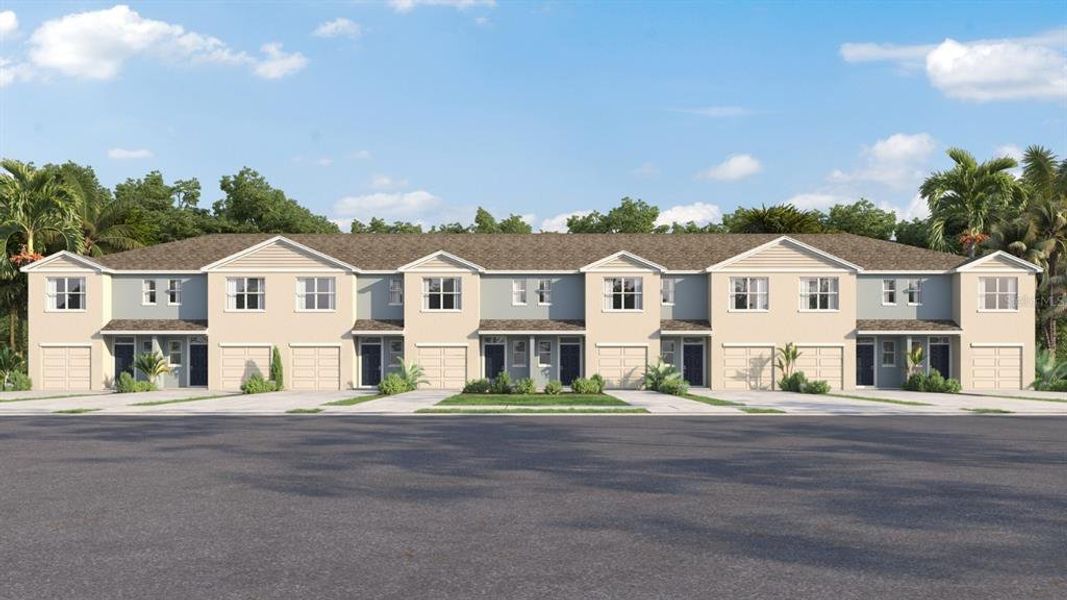 Front exterior of a new home in Towns at Woodsdale, Wesley Chapel, FL, highlighting curb appeal (Image 19).