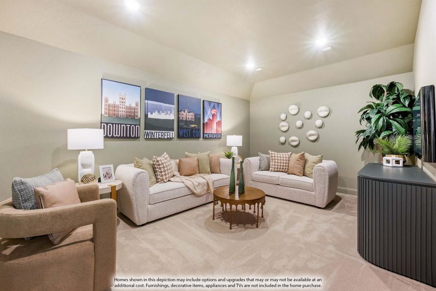 Living room with two white sofas, round coffee table, decorative wall art, and carpet flooring