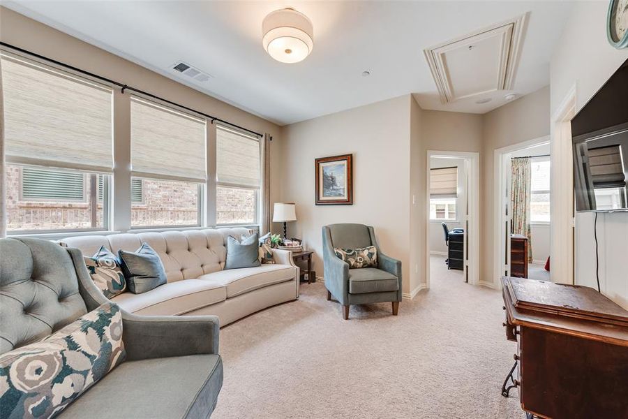 Carpeted living room featuring attic access and baseboards