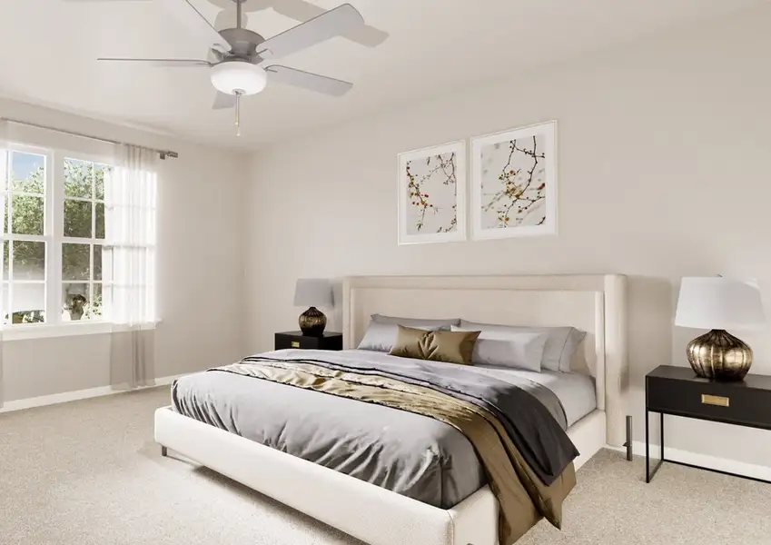 A tranquil bedroom features a large bed with gray and brown bedding, flanked by two black nightstands. Sunlight streams through a window with sheer curtains.