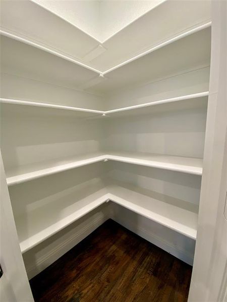 Huge corner pantry with light & ample storage space.