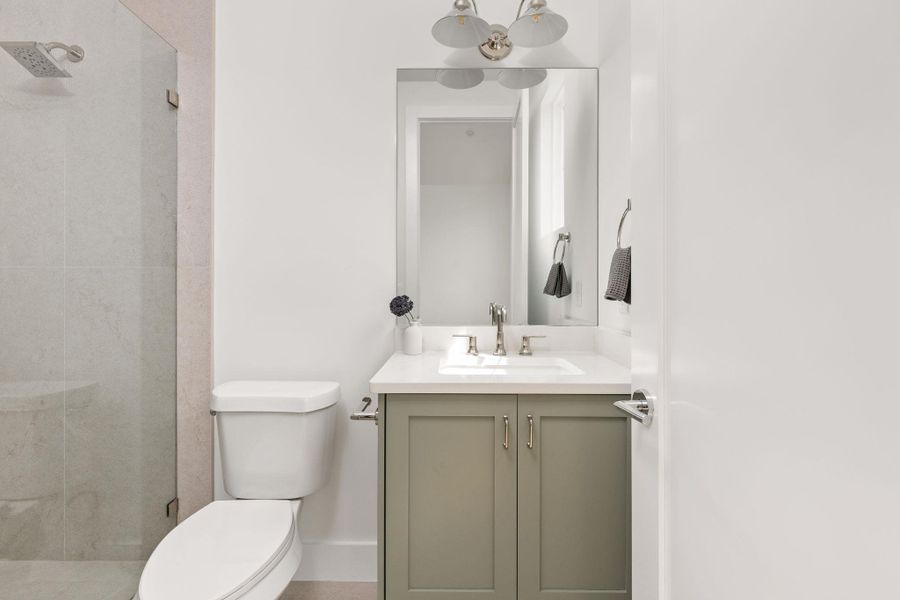 Full bath featuring vanity and a shower stall
