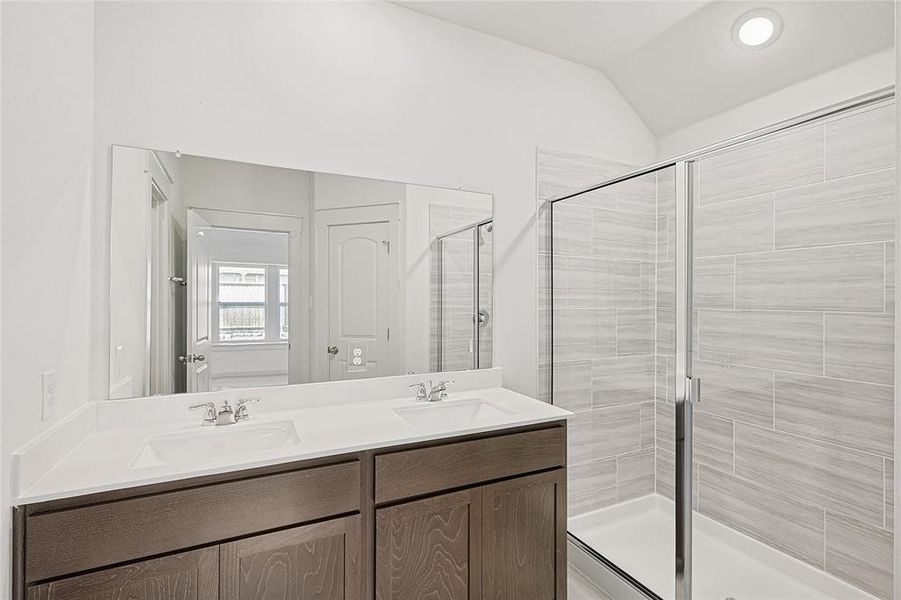 Bathroom featuring vanity, lofted ceiling, and a shower with door