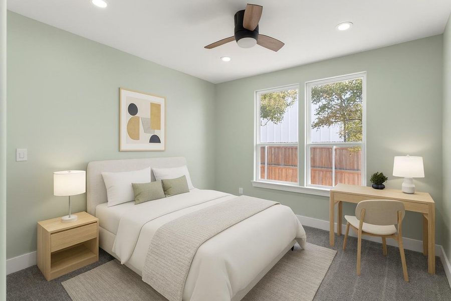 Virtually staged Carpeted bedroom number 2 with ceiling fan and recessed lighting