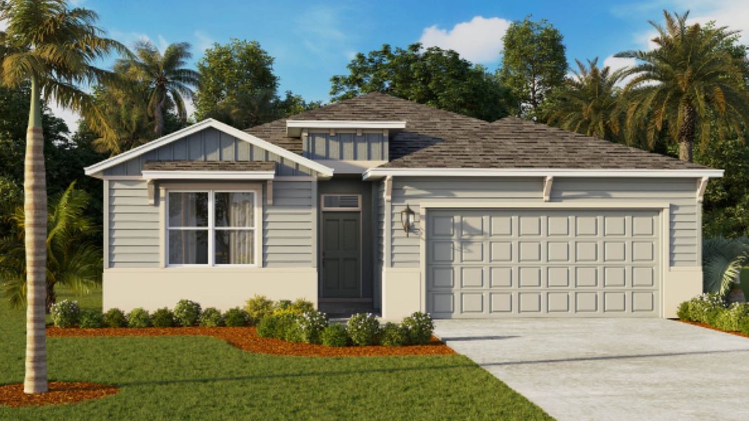 Representative exterior photo of a completed home built from the Delray by D.R. Horton in Palm Bay, Palm Bay, FL (Image 5). Representative exterior photo of a completed home built from the Delray by D.R. Horton in Palm Bay, Palm Bay, FL (Image 5).