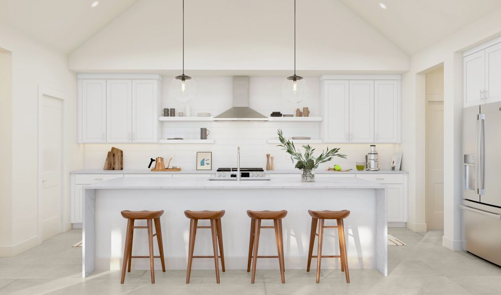 Kitchen featuring quartz island with waterfall edge