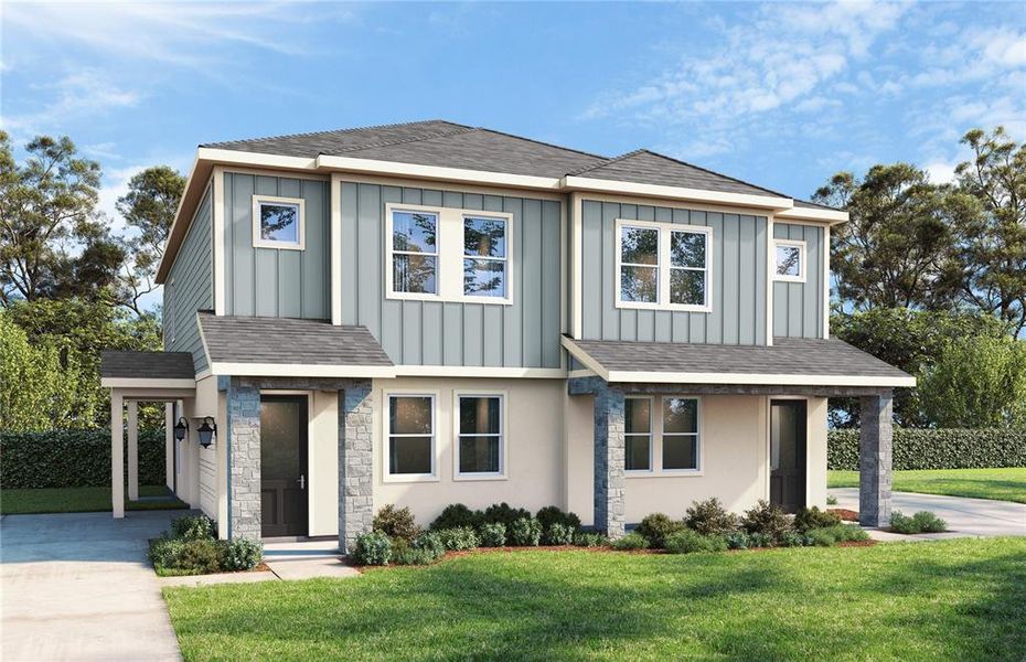 Front exterior of a new home in The Brooke, Brandon, FL, highlighting curb appeal (Image 1). Front exterior of a new home in The Brooke, Brandon, FL, highlighting curb appeal (Image 1).
