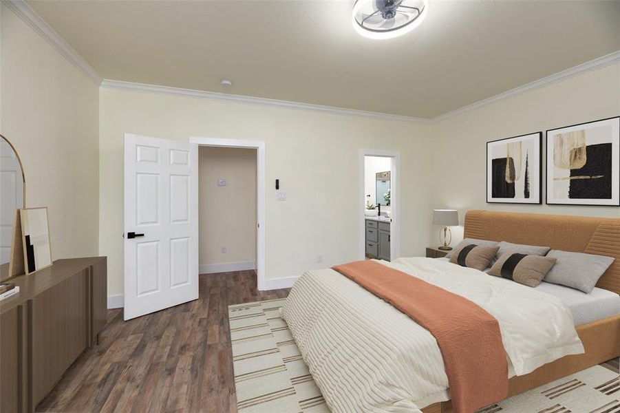 Ensuite primary bedroom is split from other bedrooms for extra privacy. Virtual staging.