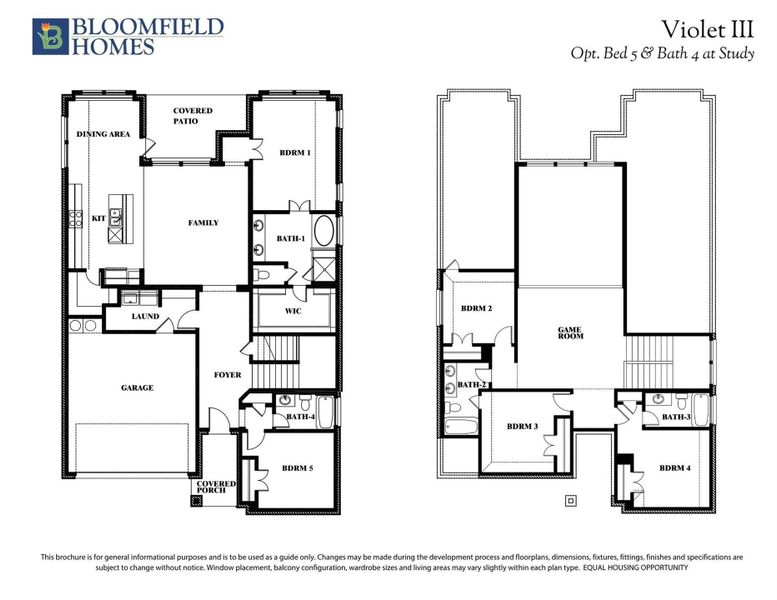 Bloomfield Homes Violet III two-story floor plan with 5 bedrooms, 4 bathrooms, game room, and covered patio.