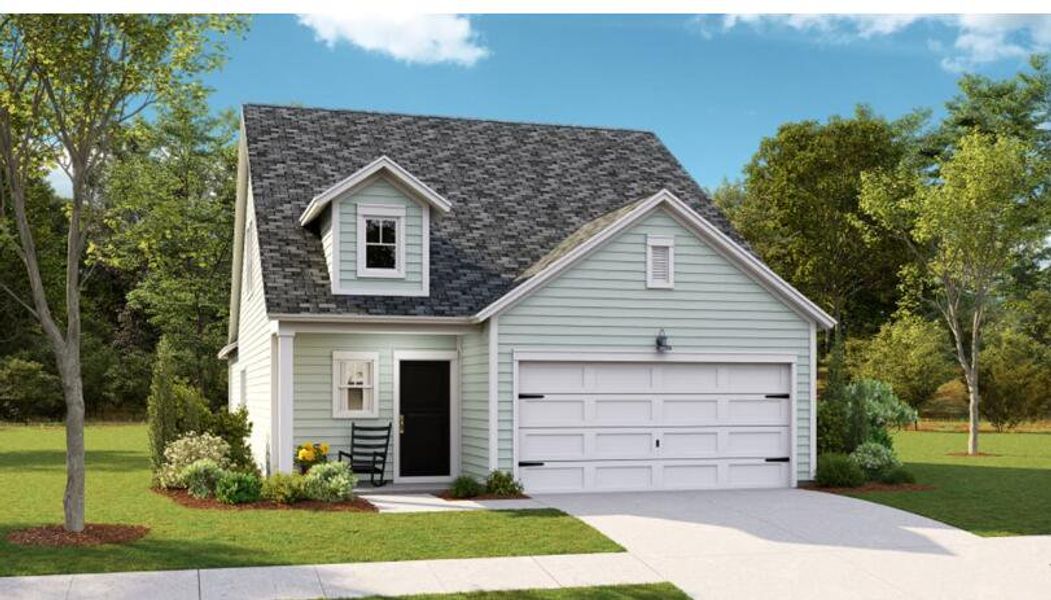 Front exterior of a new home in Horizons at Carnes Crossroads | 55+: Cottage Collection, Summerville, SC, highlighting curb appeal (Image 2). Front exterior of a new home in Horizons at Carnes Crossroads | 55+: Cottage Collection, Summerville, SC, highlighting curb appeal (Image 2).