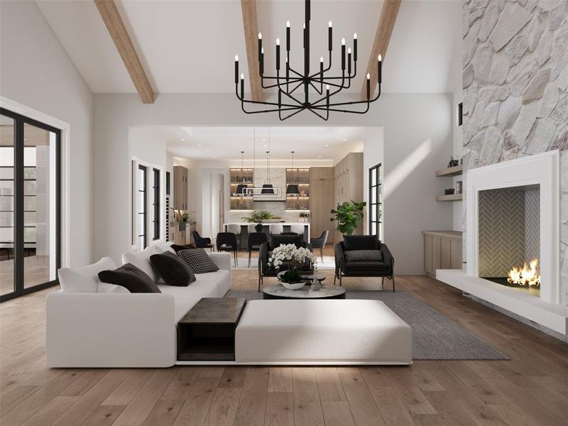 Living room with high vaulted ceiling, hardwood / wood-style floors, a large fireplace, and beam ceiling