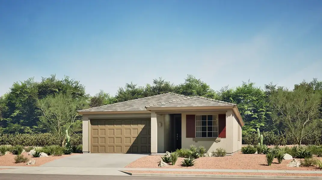 Front exterior of a new home in Rocking K, Tucson, AZ, highlighting curb appeal (Image 1). Front exterior of a new home in Rocking K, Tucson, AZ, highlighting curb appeal (Image 1).