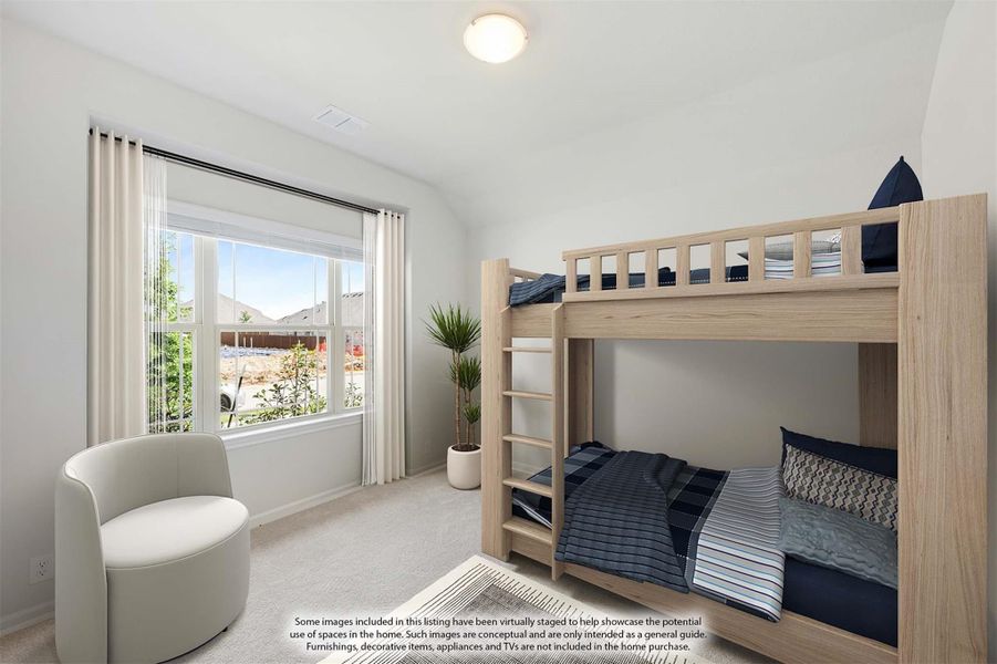 Children's bedroom with wood bunk bed, carpet flooring, and large window with natural light