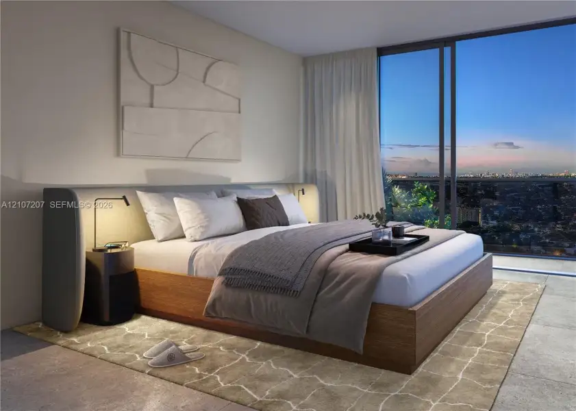 Floor-to-ceiling windows, neutral interior wall palette, stone-finish flooring, and recessed architectural lighting Floor-to-ceiling windows, neutral interior wall palette, stone-finish flooring, and recessed architectural lighting