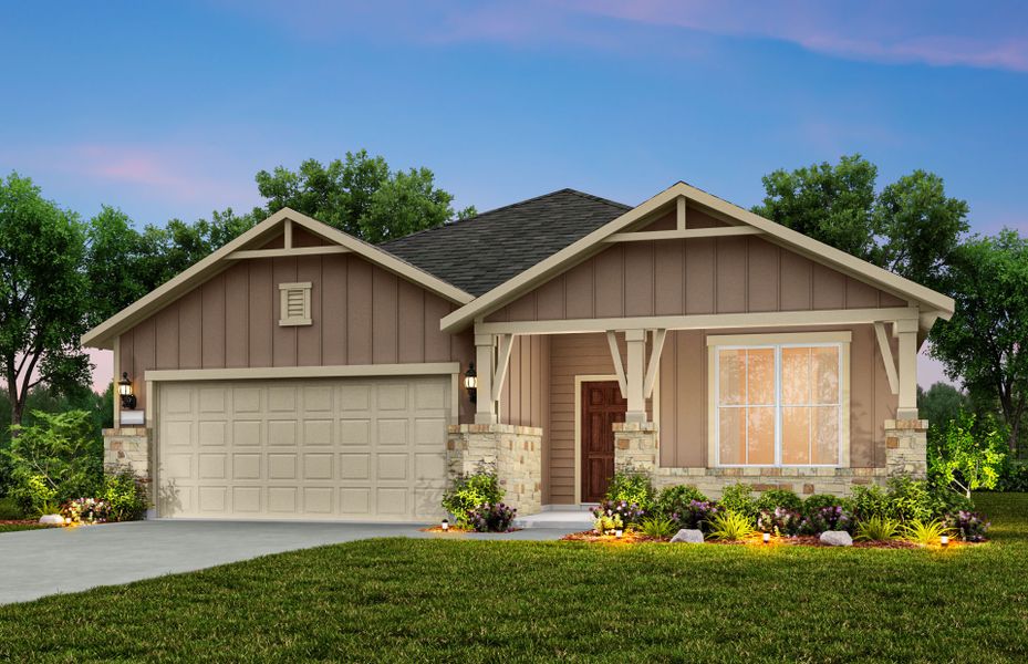 The Burnet, a one-story home with 2-car garage, shown with Home Exterior 41 The Burnet, a one-story home with 2-car garage, shown with Home Exterior 41