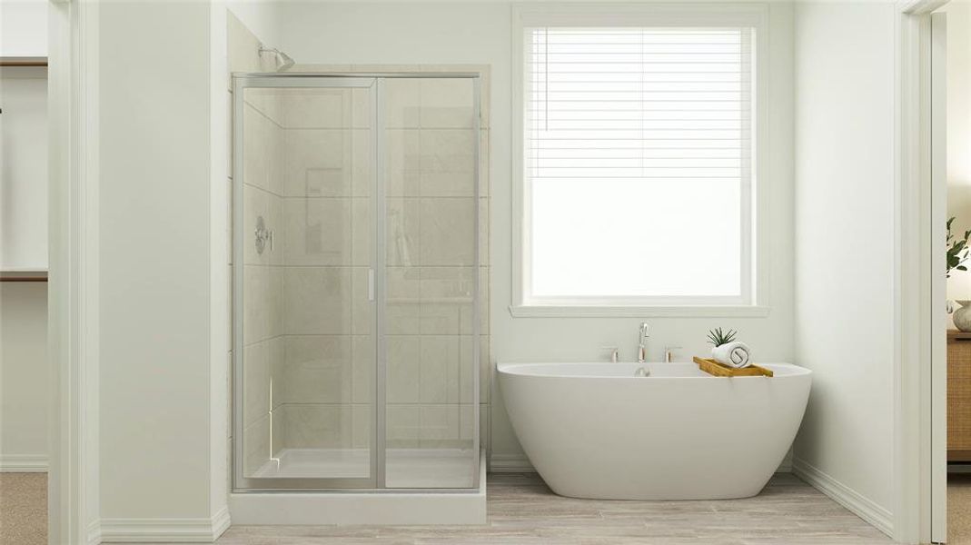 Bathroom featuring shower with separate bathtub and hardwood / wood-style floors