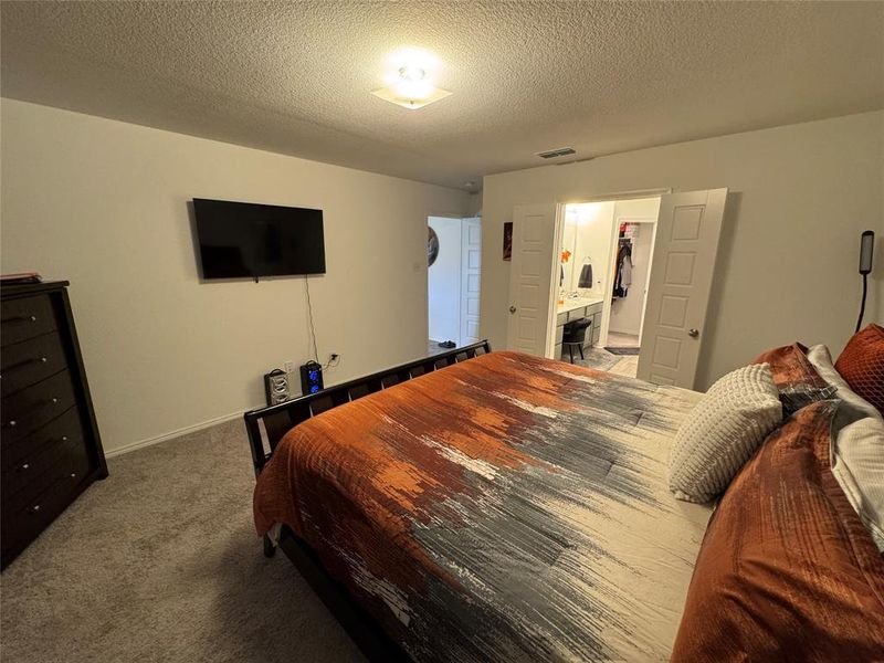 Bedroom with carpet flooring, a walk in closet, and a textured ceiling