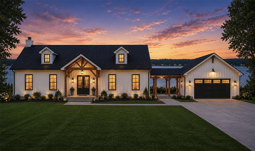 White board-and-batten exterior featuring a prominent gabled entry with timber accents