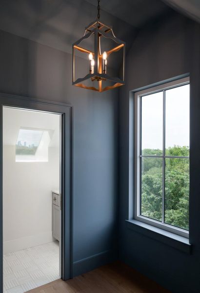 Third floor bath entry with views and designer chandelier.