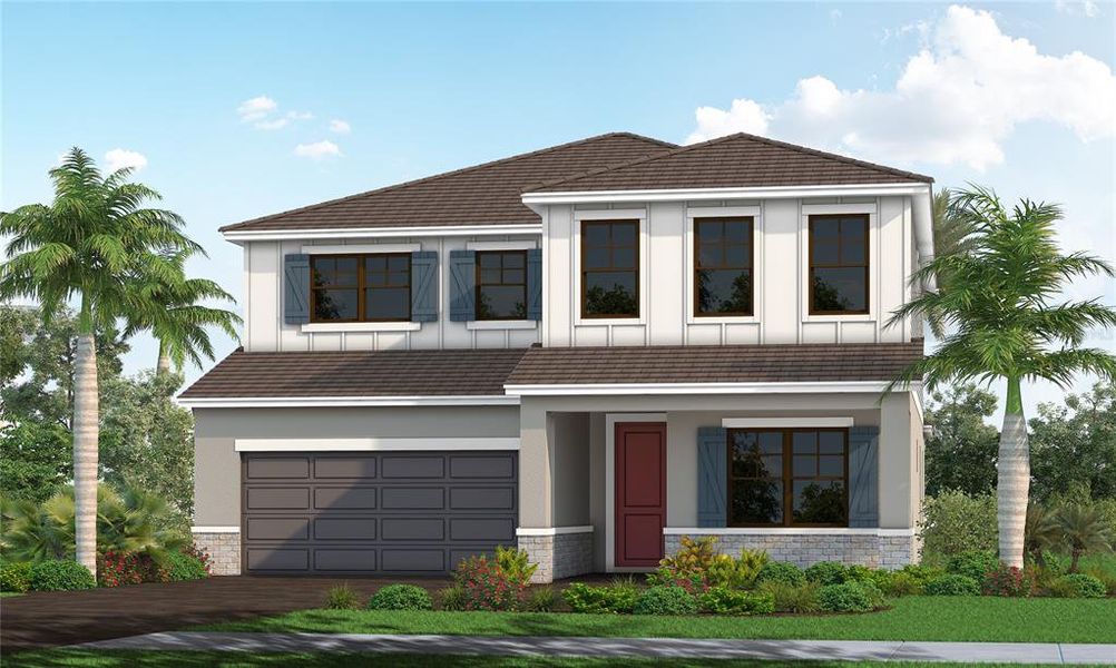 Front exterior of a new home in Palm Grove, Lakewood Ranch, FL, highlighting curb appeal (Image 2). Front exterior of a new home in Palm Grove, Lakewood Ranch, FL, highlighting curb appeal (Image 2).